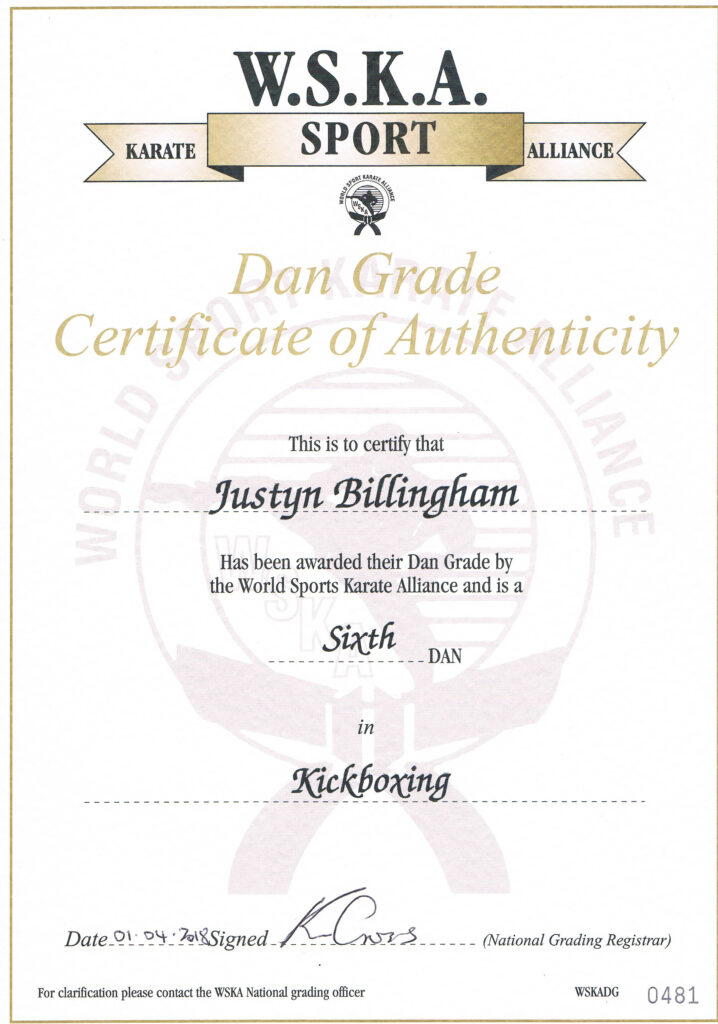 6th Dan black belt kickboxing certificate World Sports Karate Alliance