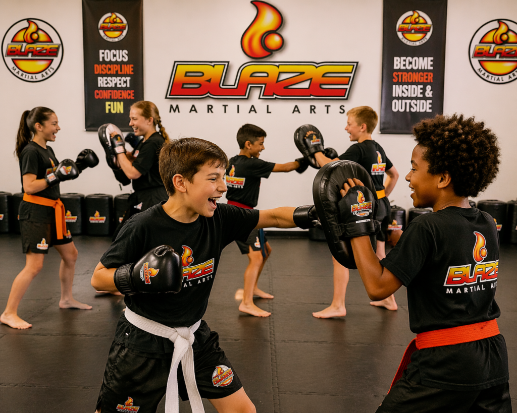 Kids kickboxing class at Blaze Martial Arts in Ascot Windsor Bracknell Wokingham Binfield and Sunninghill training with focus pads and having fun