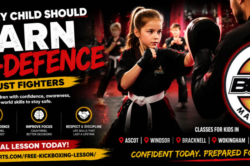 Blaze Martial Arts kids kickboxing class showing young girl training self-defence, promoting confidence, awareness and discipline in Ascot, Windsor, Bracknell, Wokingham, Sunninghill and Binfield