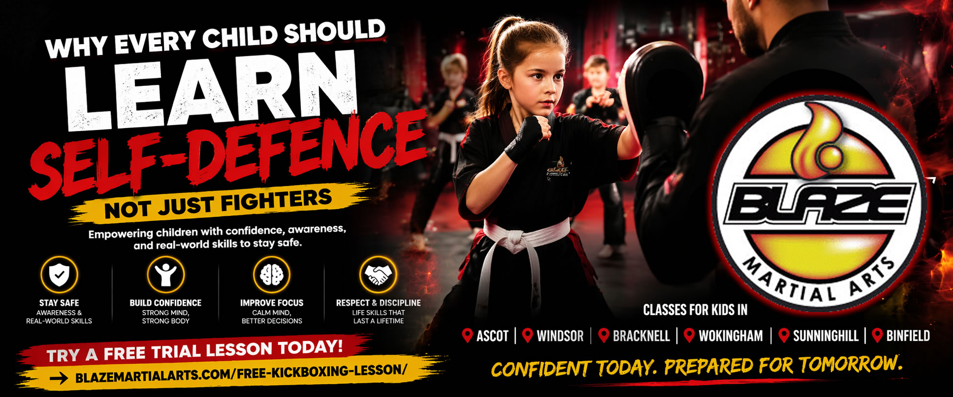 Blaze Martial Arts kids kickboxing class showing young girl training self-defence, promoting confidence, awareness and discipline in Ascot, Windsor, Bracknell, Wokingham, Sunninghill and Binfield