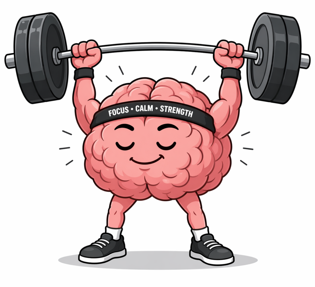 Cartoon brain lifting weights showing how martial arts training improves focus mental strength and reduces stress for students