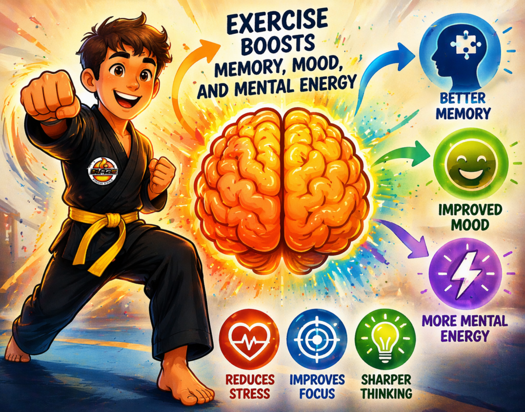 Martial arts and kickboxing improving memory mood and mental energy for students in Ascot Windsor Bracknell Wokingham Binfield and Sunninghill