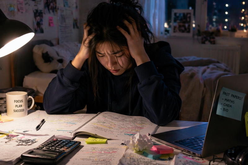 Student revising for exams at home feeling stressed and overwhelmed highlighting the need for stress relief activities like martial arts