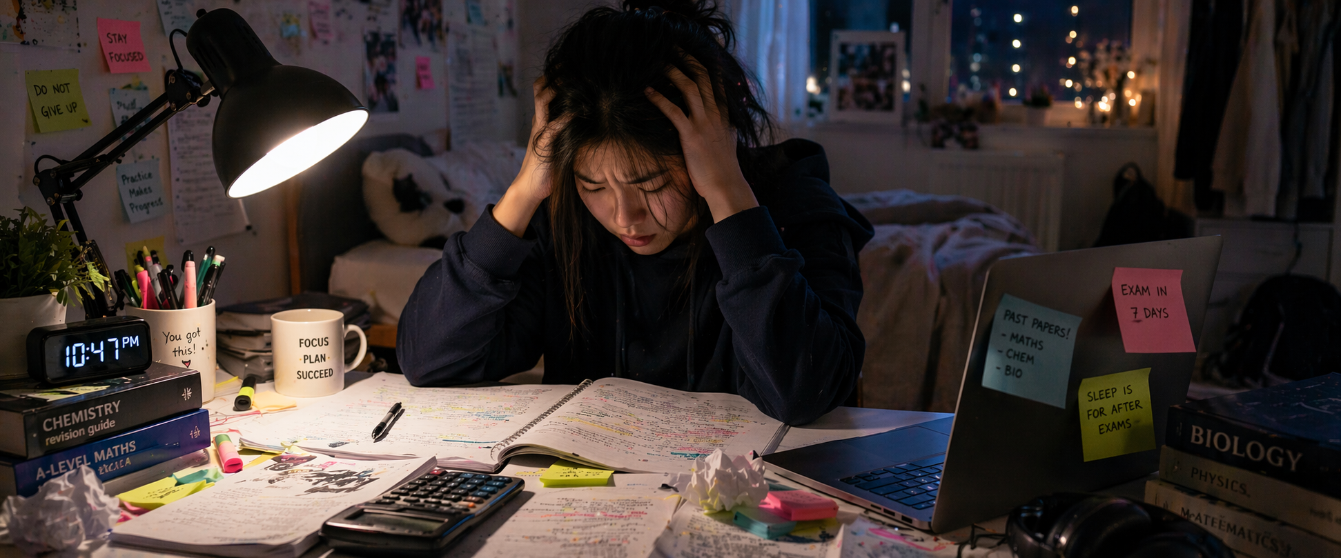 Student revising for exams at home feeling stressed and overwhelmed highlighting the need for stress relief activities like martial arts