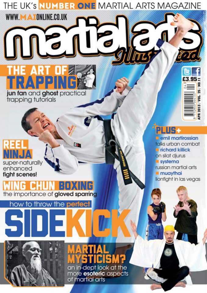 Justyn Billingham magazine cover demonstrating sidekick flexibility training UK expert