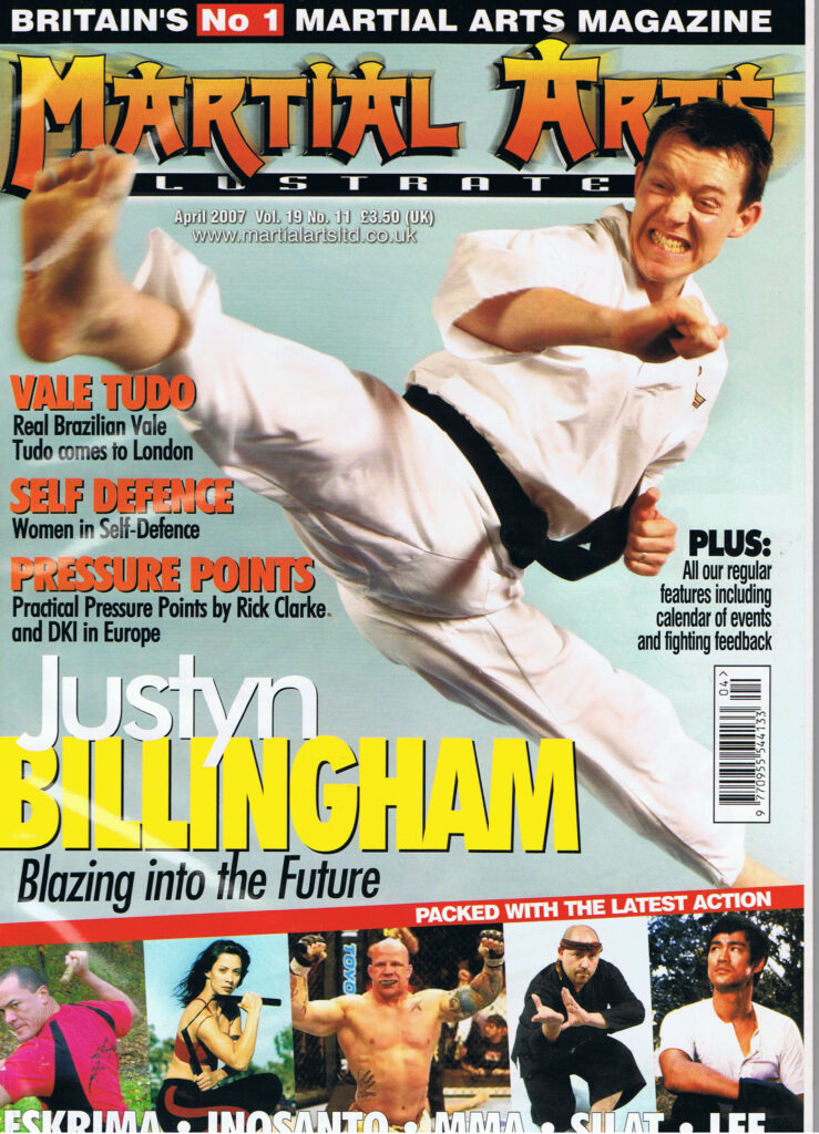 Justyn Billingham magazine cover high kick demonstration UK kickboxing expert