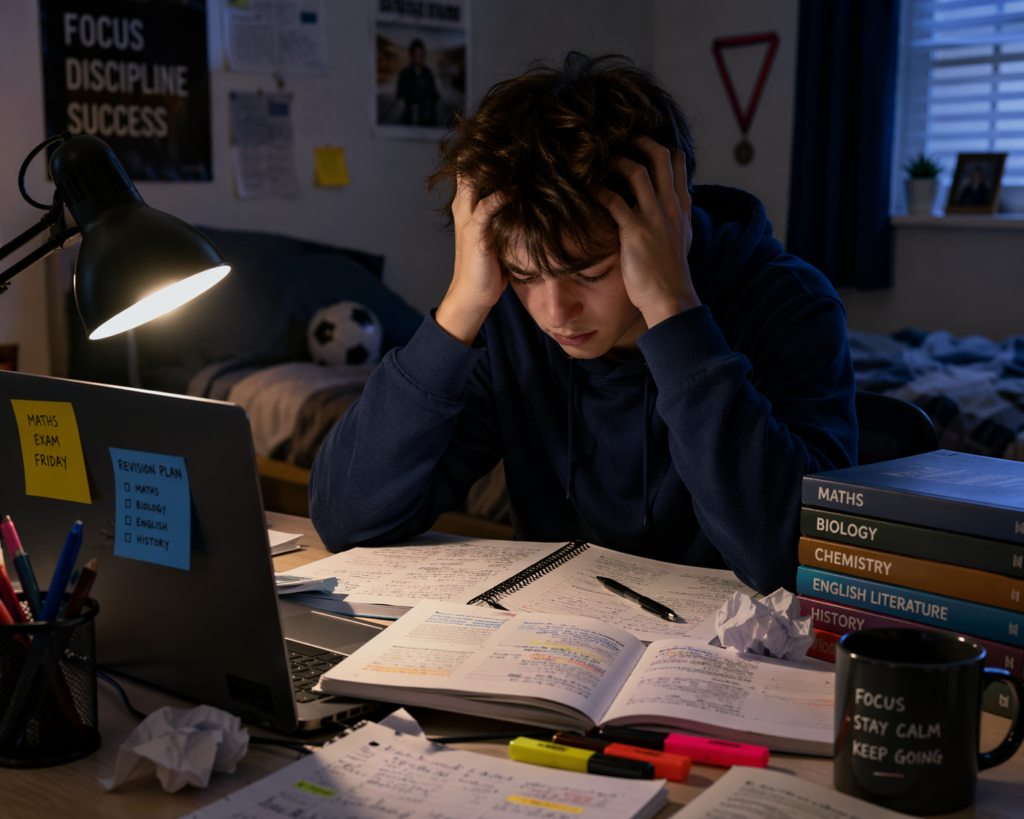Stressed student studying for exams at home struggling with focus and concentration during exam season in the UK
