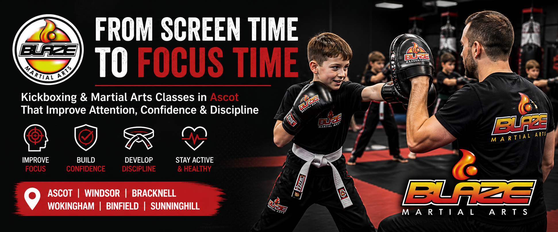 kickboxing classes Ascot for kids and beginners at Blaze Martial Arts improving attention and fitness