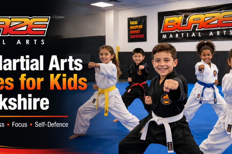 Best martial arts classes for kids in Berkshire at Blaze Martial Arts, with diverse children practising kickboxing and self-defence in a fun, confidence-building class.
