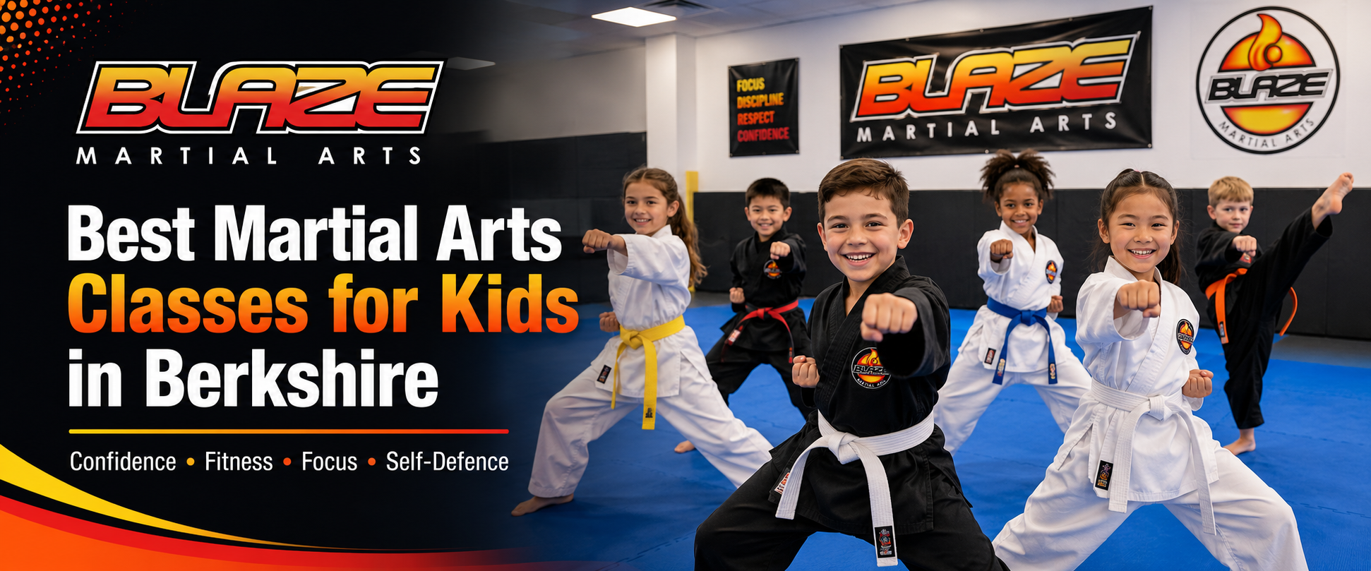 Best martial arts classes for kids in Berkshire at Blaze Martial Arts, with diverse children practising kickboxing and self-defence in a fun, confidence-building class.