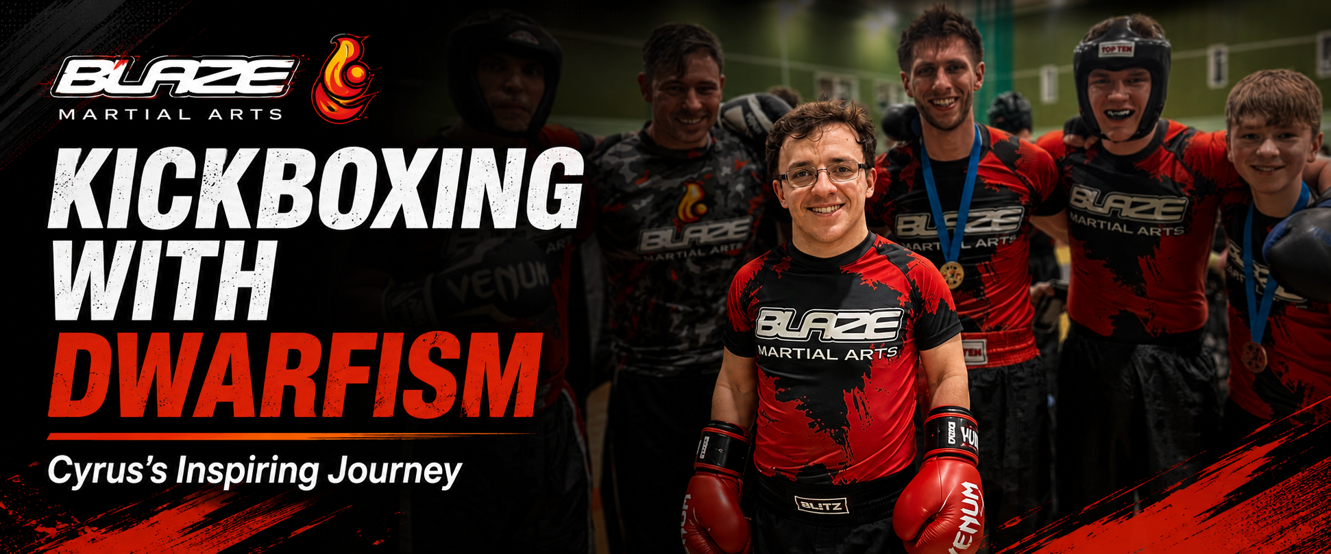 Cyrus’s inspiring journey in kickboxing with dwarfism, pictured with his Blaze Martial Arts competition team.