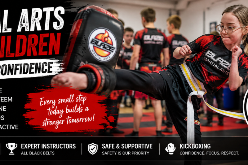 Martial arts for children with low confidence at Blaze Martial Arts, showing a junior kickboxing student training on pads.