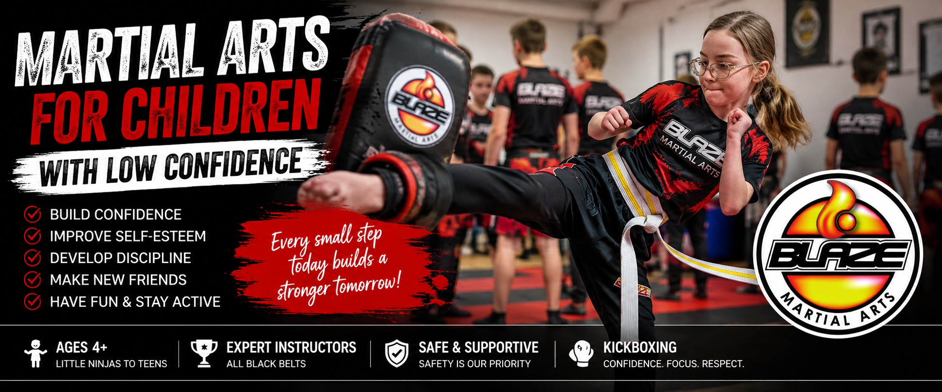 Martial arts for children with low confidence at Blaze Martial Arts, showing a junior kickboxing student training on pads.