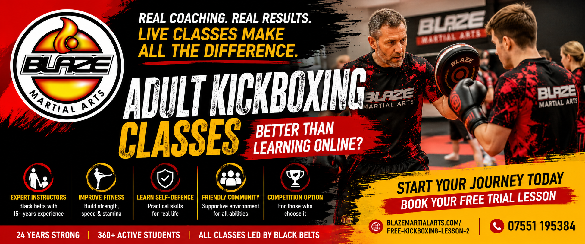 Adult kickboxing classes at Blaze Martial Arts with an instructor coaching a student during pad training.