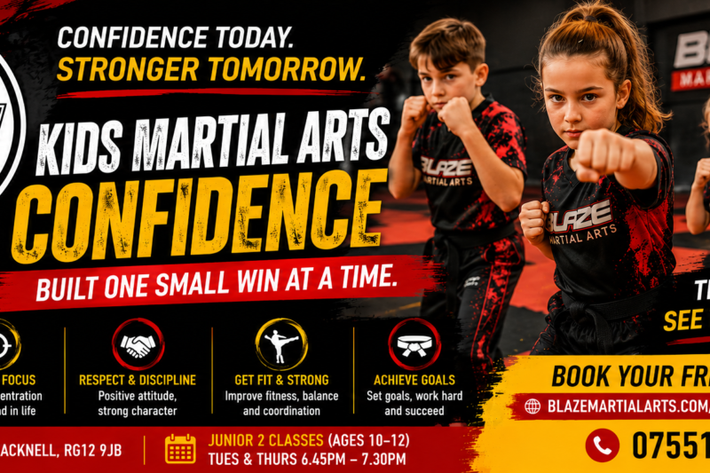Kids martial arts confidence at Blaze Martial Arts in Bracknell, showing children training in the black and red Blaze Fight Team uniform.