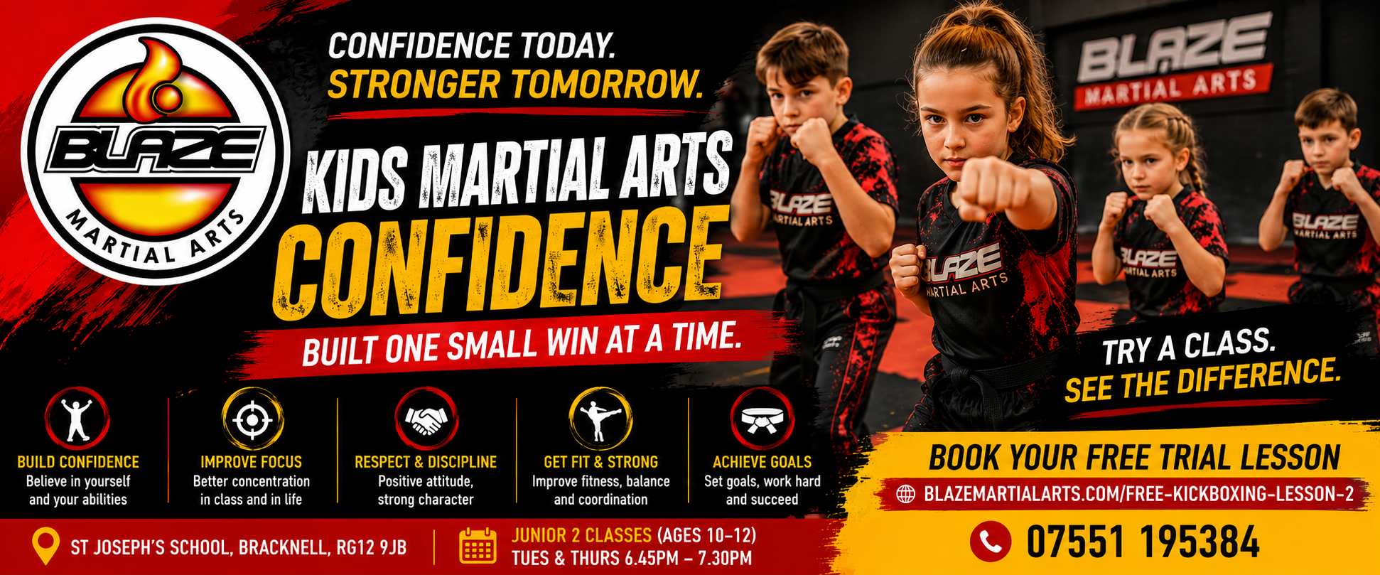 Kids martial arts confidence at Blaze Martial Arts in Bracknell, showing children training in the black and red Blaze Fight Team uniform.
