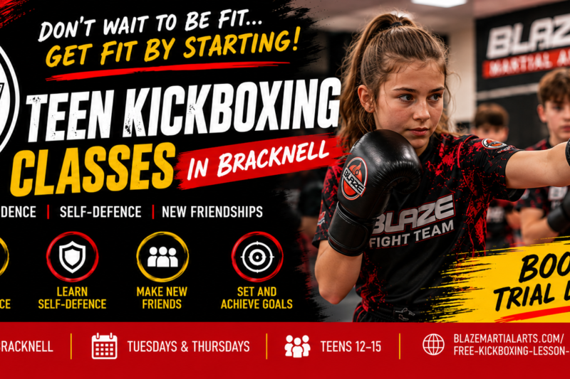 Teen kickboxing classes at Blaze Martial Arts in Bracknell, with beginners wearing black and red Blaze Fight Team uniforms.