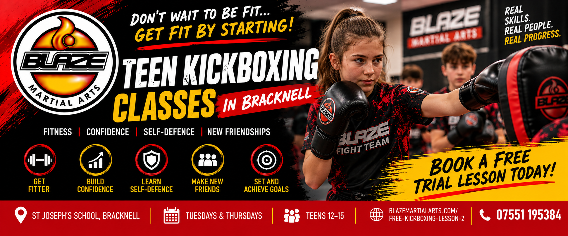Teen kickboxing classes at Blaze Martial Arts in Bracknell, with beginners wearing black and red Blaze Fight Team uniforms.