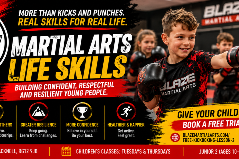 Martial arts life skills for children at Blaze Martial Arts in Bracknell, showing young students training in black and red Blaze Fight Team uniforms.