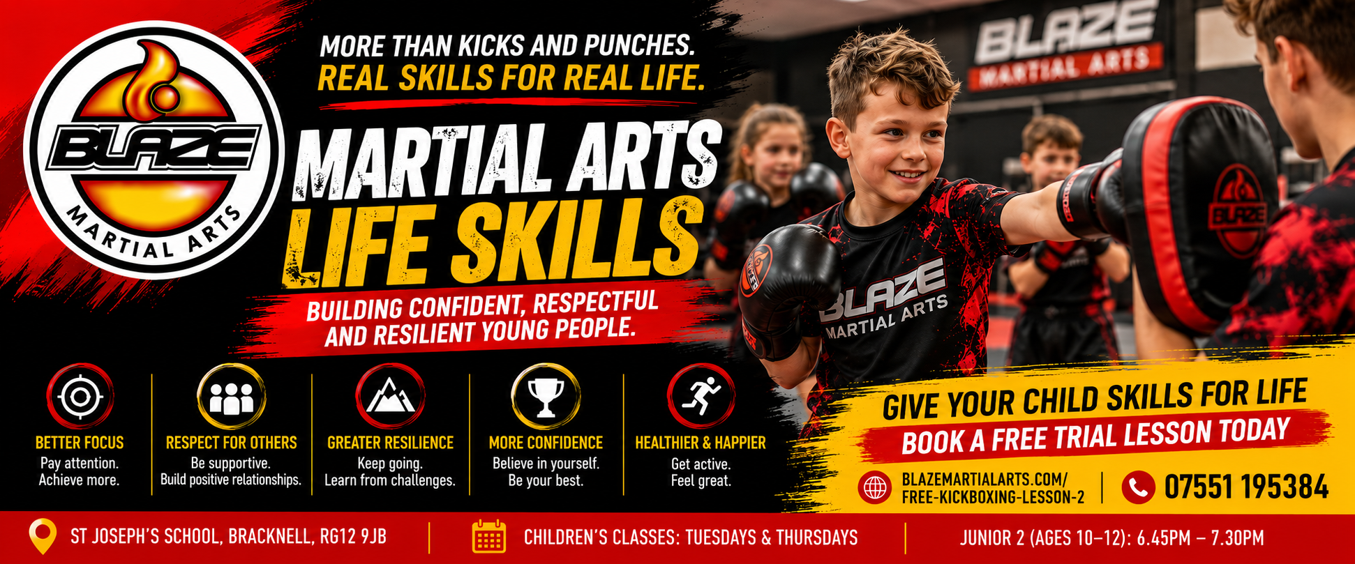 Martial arts life skills for children at Blaze Martial Arts in Bracknell, showing young students training in black and red Blaze Fight Team uniforms.