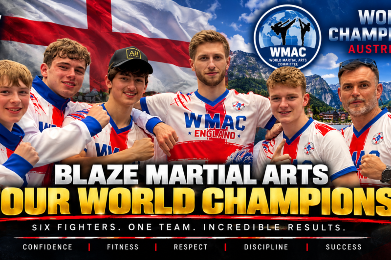 Six Blaze Martial Arts fighters representing England at the 2026 WMAC World Championships in Austria, where four became World Champions