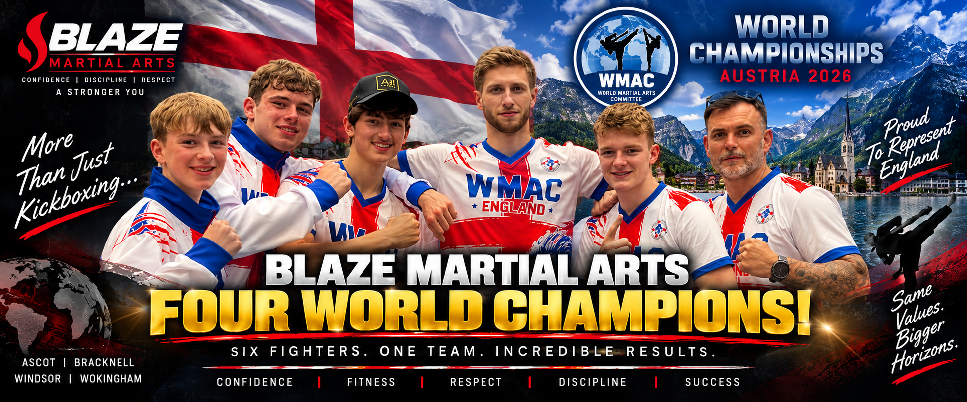Six Blaze Martial Arts fighters representing England at the 2026 WMAC World Championships in Austria, where four became World Champions