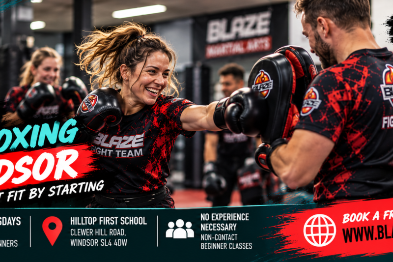 Adult kickboxing Windsor promotional poster showing a woman practising punches on focus pads with an instructor, with Blaze Martial Arts class details.
