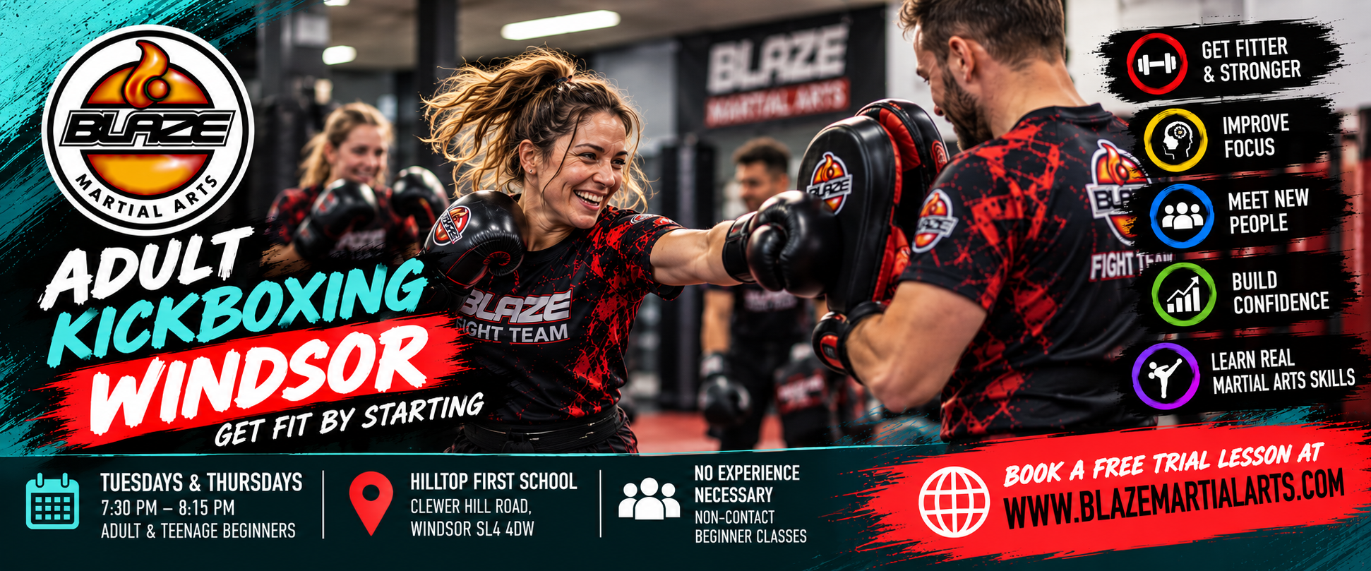 Adult kickboxing Windsor promotional poster showing a woman practising punches on focus pads with an instructor, with Blaze Martial Arts class details.