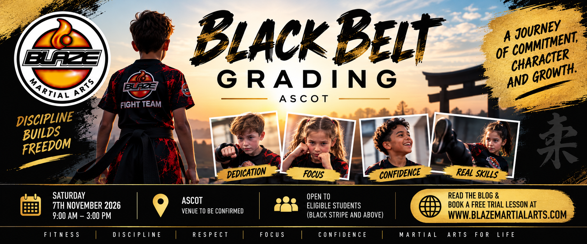 Black belt grading Ascot promotional poster showing Blaze Martial Arts students practising kickboxing techniques and preparing for their November grading.