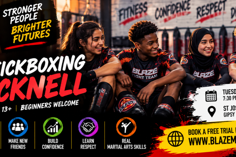 Teen kickboxing Bracknell promotional poster featuring an illustrated red boxing glove, Blaze Martial Arts logo and beginner class information.