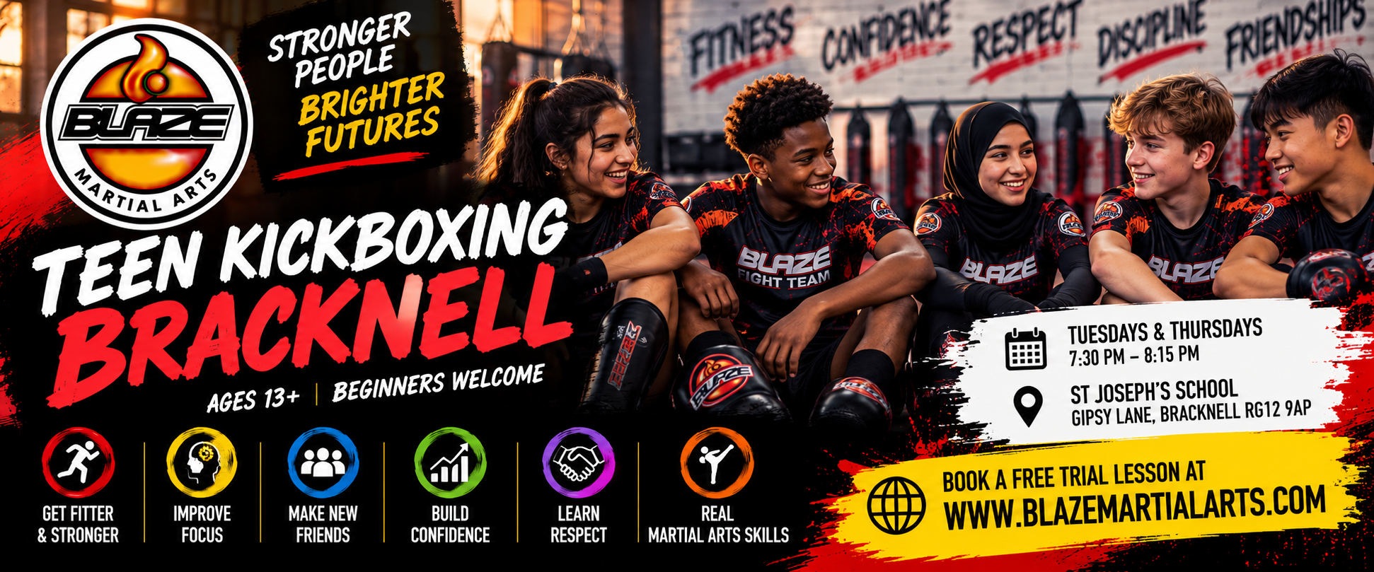 Teen kickboxing Bracknell promotional poster featuring an illustrated red boxing glove, Blaze Martial Arts logo and beginner class information.