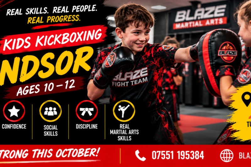Kids kickboxing Windsor class for 10–12 year olds training on focus pads in black and red Blaze Fight Team uniforms.