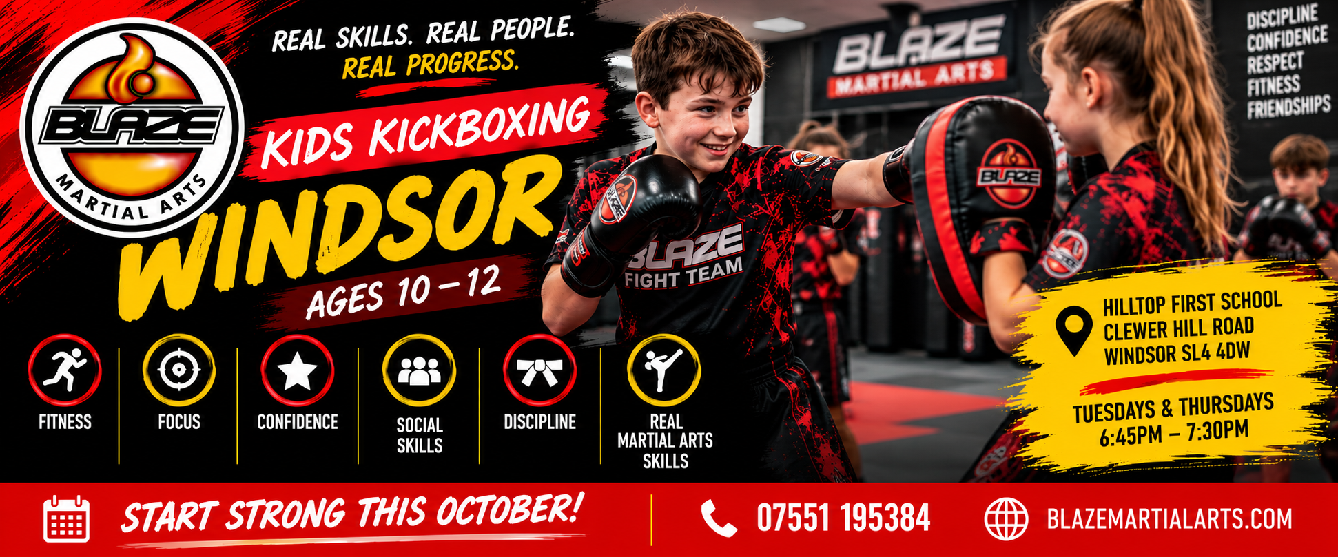 Kids kickboxing Windsor class for 10–12 year olds training on focus pads in black and red Blaze Fight Team uniforms.